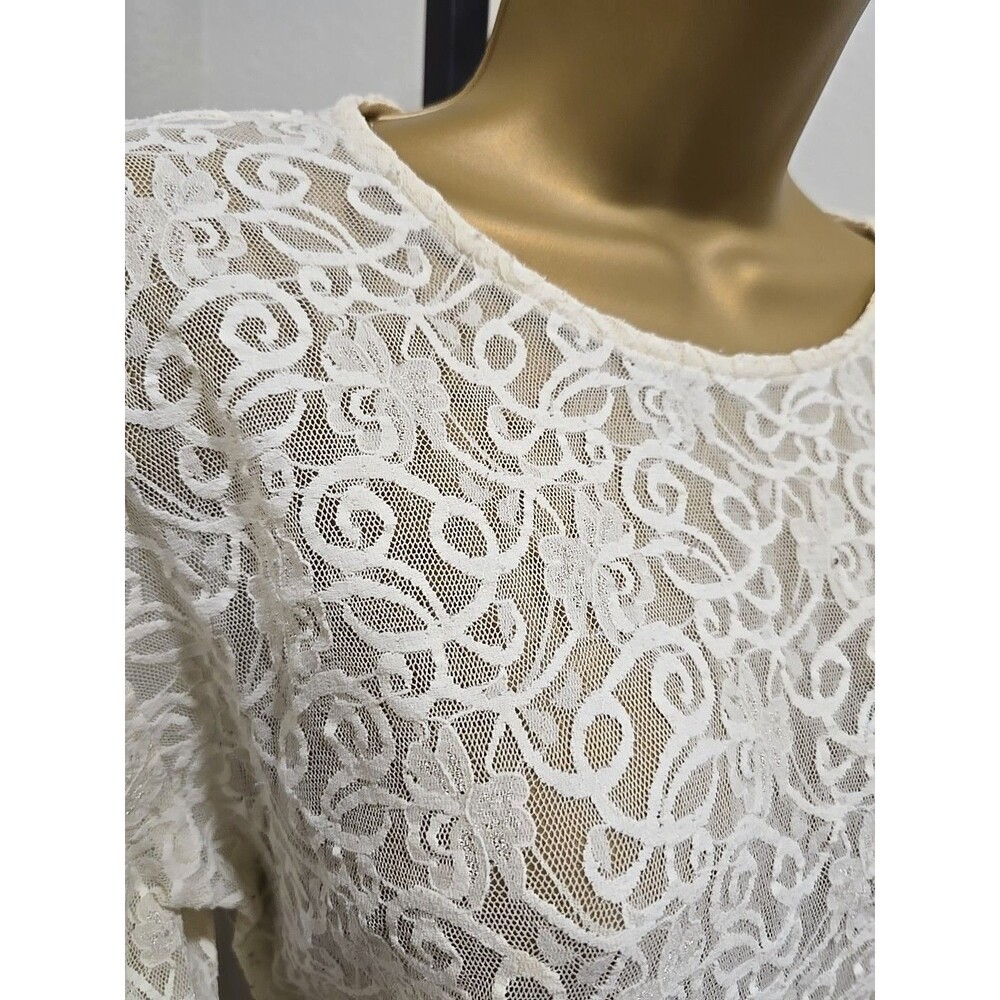 Vtg Fitted Lace Knit Top OS Cream Sheer Layer Cottage Fairy Grunge Festival Mesh